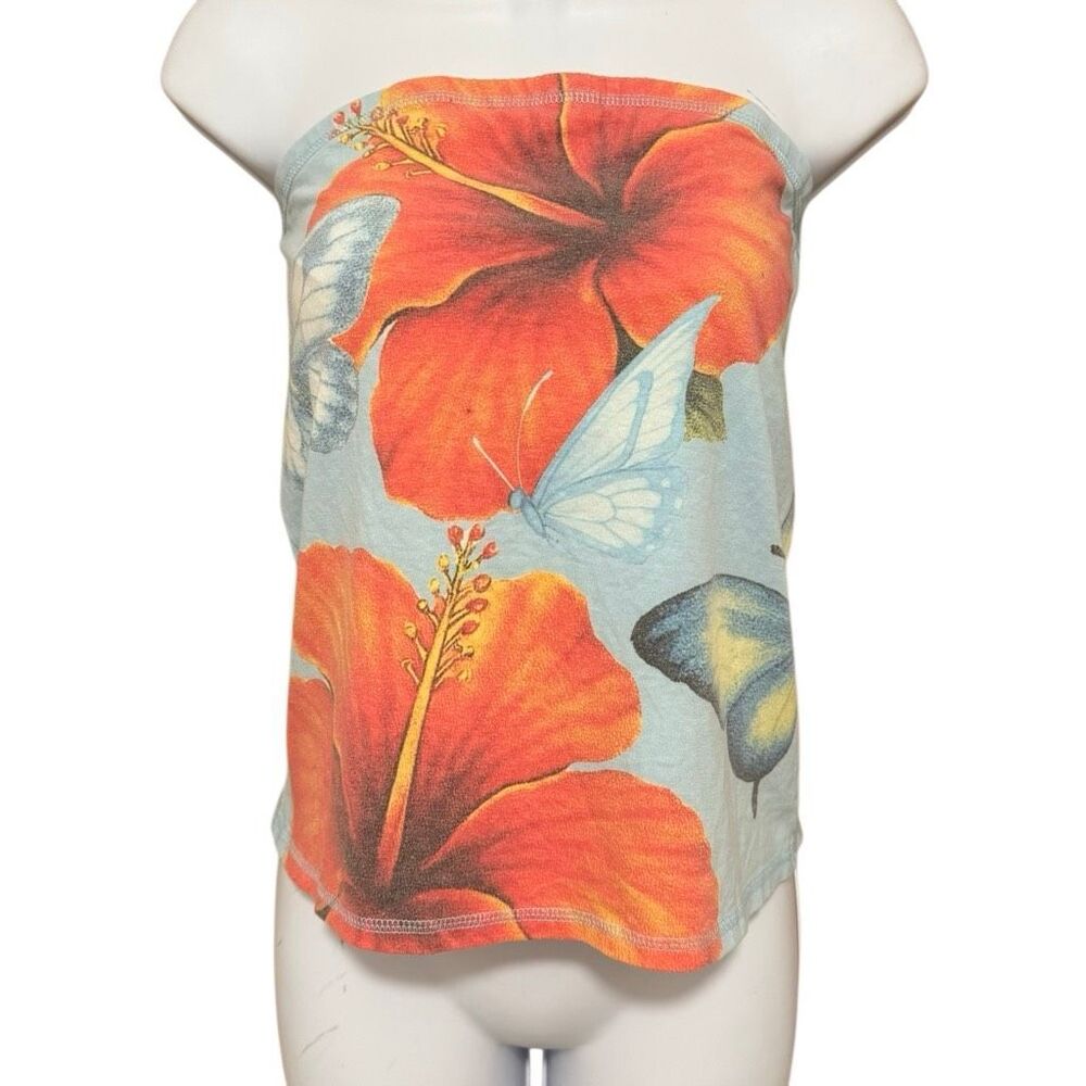 Y2K Dgital Darling Hibiscus Butterfly Tube Top XL Tropical Floral Strapless Stre